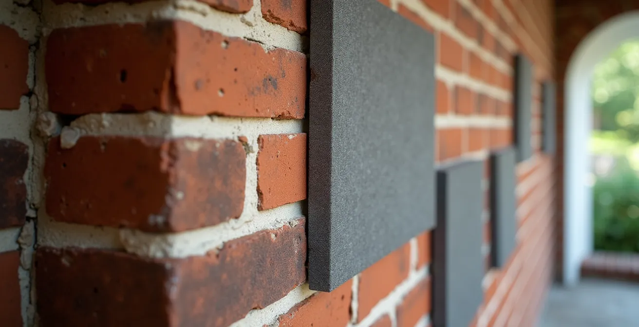 Close-up of acoustic panels disguised as art on exposed brick wall in Toronto loft