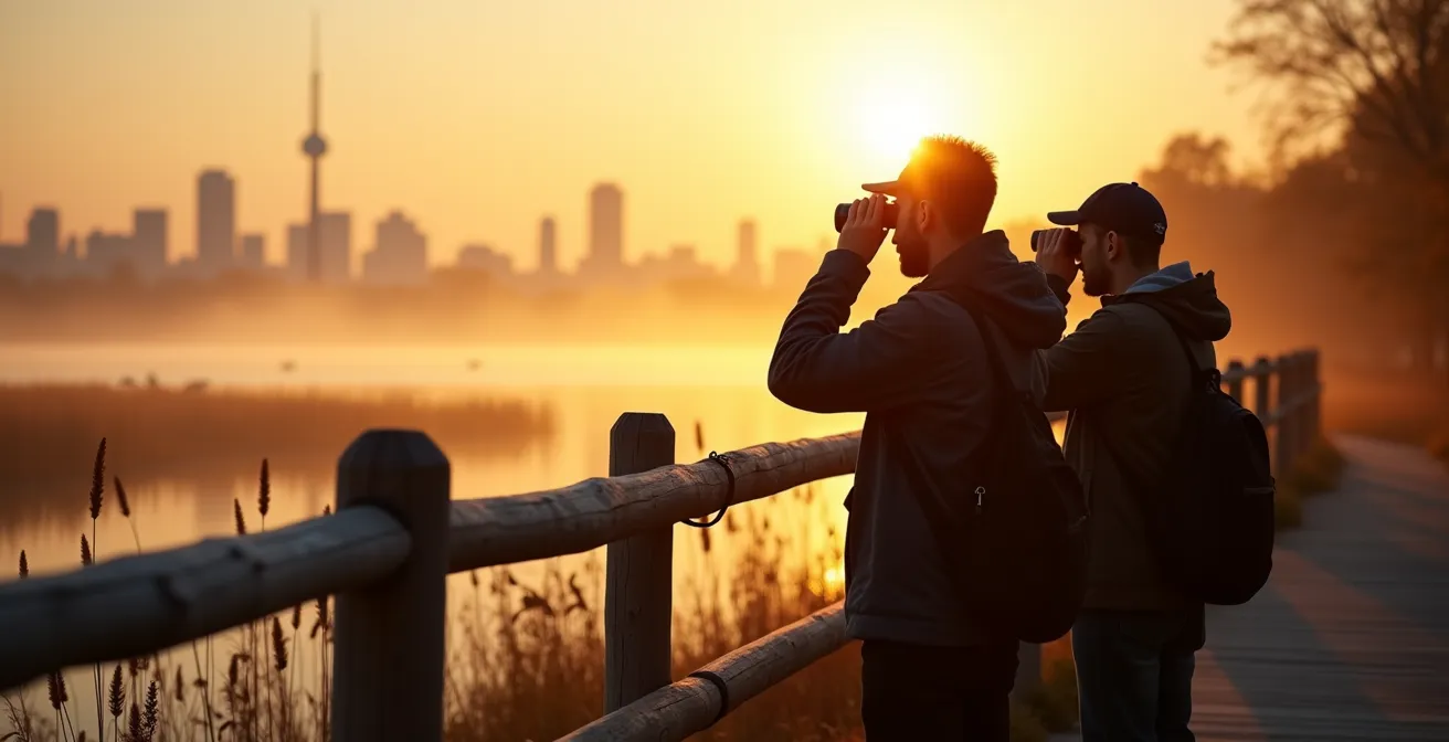 Birdwatchers at Grenadier Pond observation deck viewing wetland birds