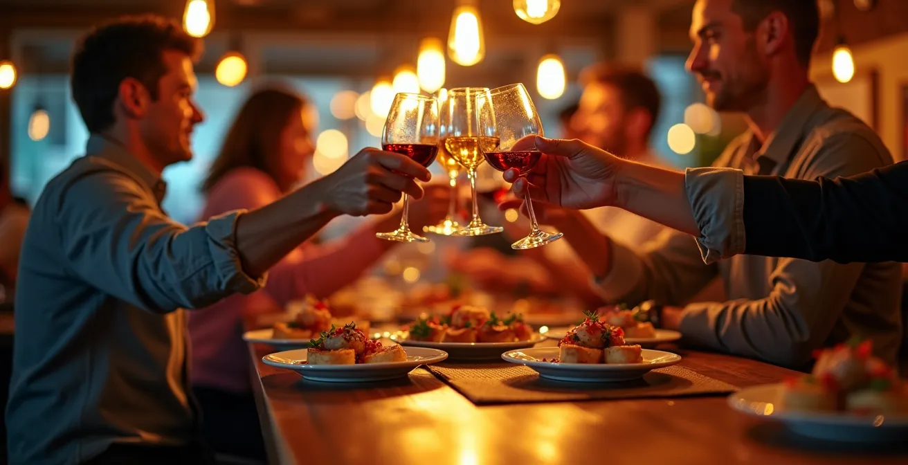 Intimate view of a busy Spanish-style tapas bar with warm lighting