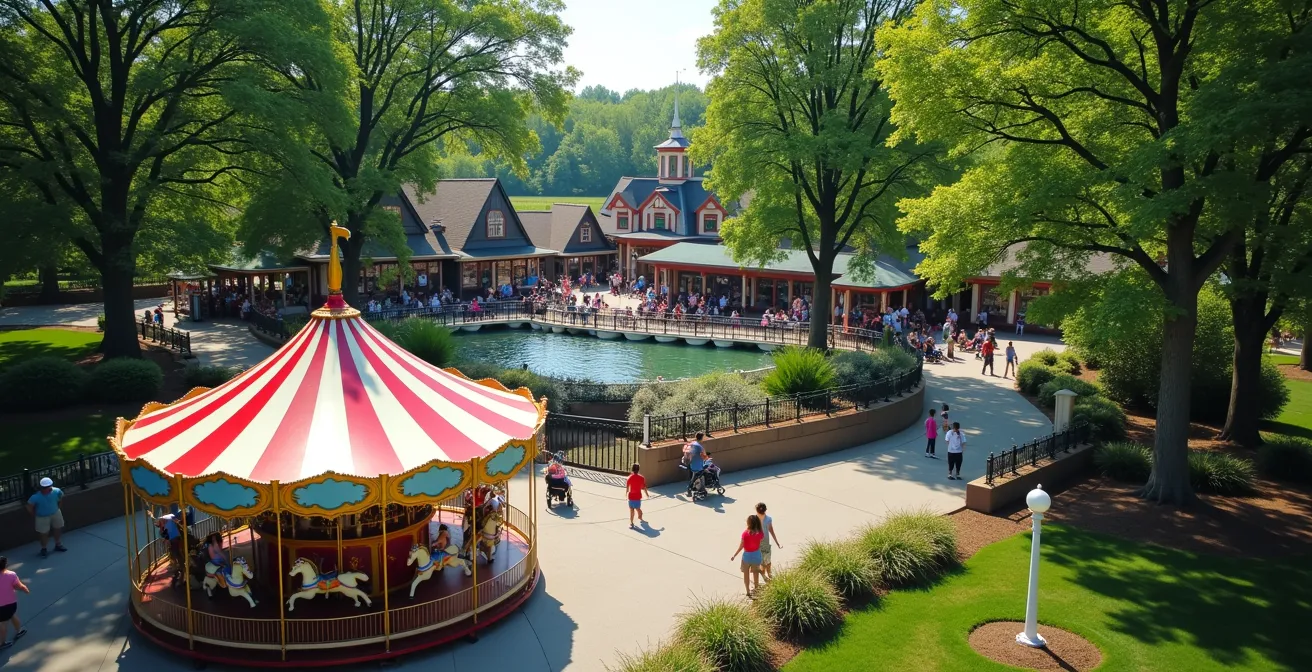 Aerial view of Centreville Amusement Park with vintage carousel and tree-lined pathways on a sunny summer day