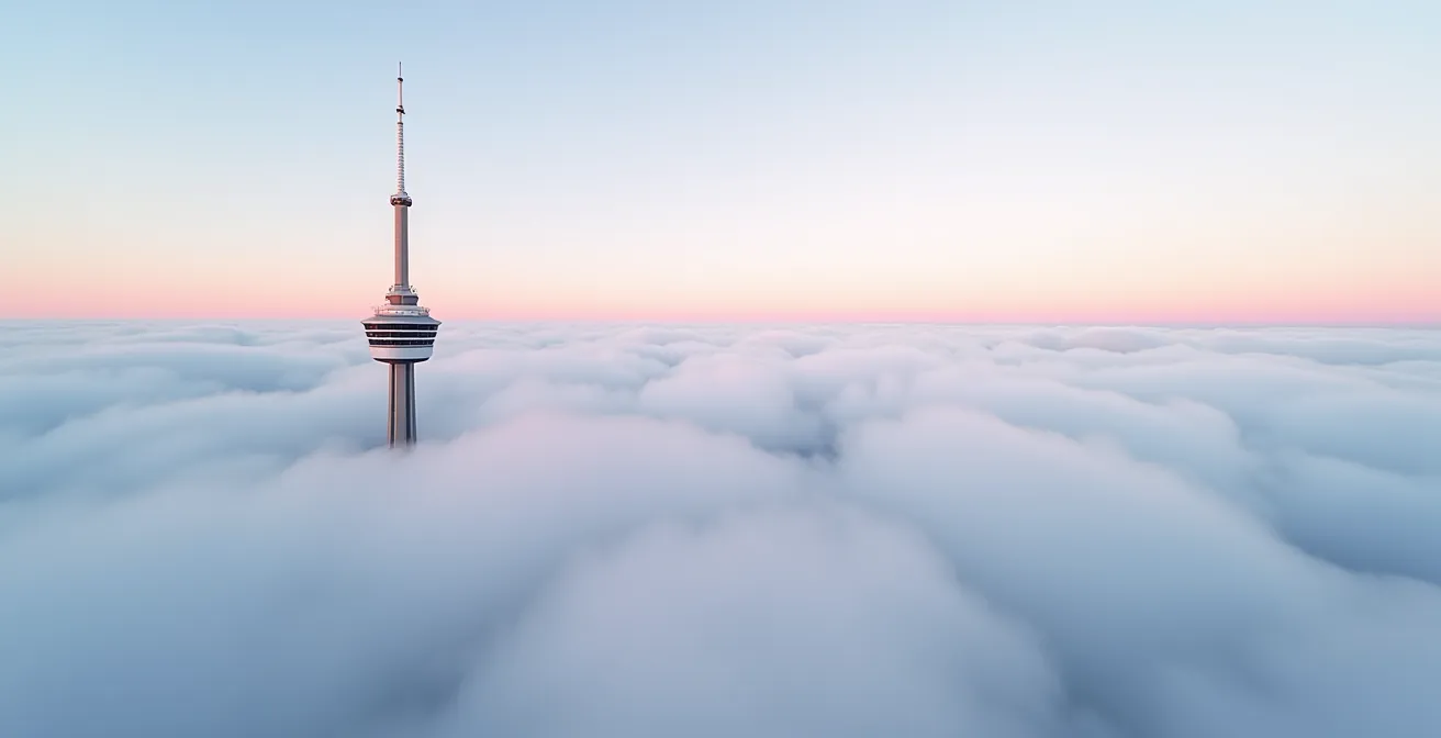 CN Tower emerging above sea of clouds during temperature inversion