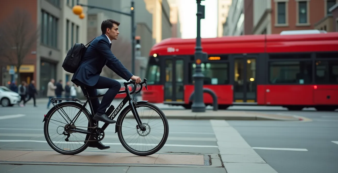 Cyclist carefully maneuvering around streetcar platform islands on King Street Toronto