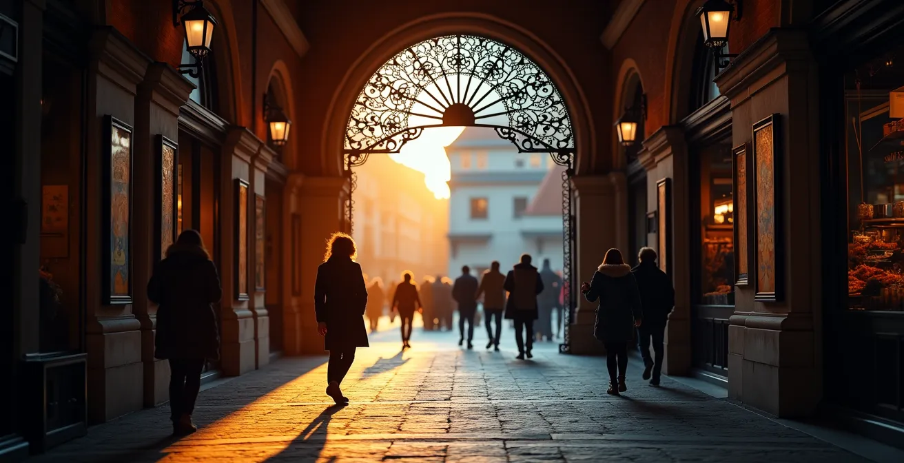 Historic Toronto Distillery District entrance at twilight with festive lights
