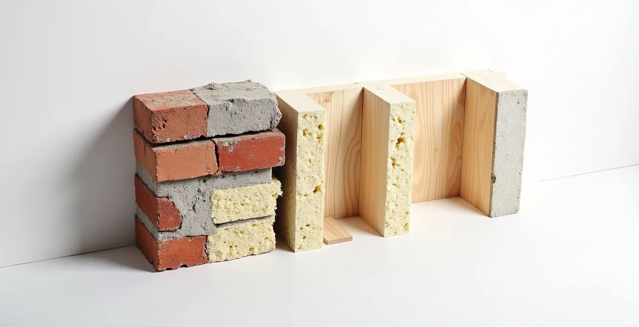 Cross-section view of properly insulated double-brick wall showing breathable materials