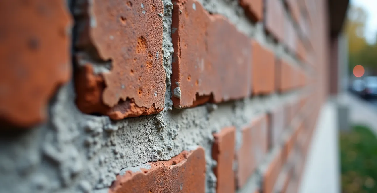 Macro detail of reinforced brick and stucco on Half House exposed wall
