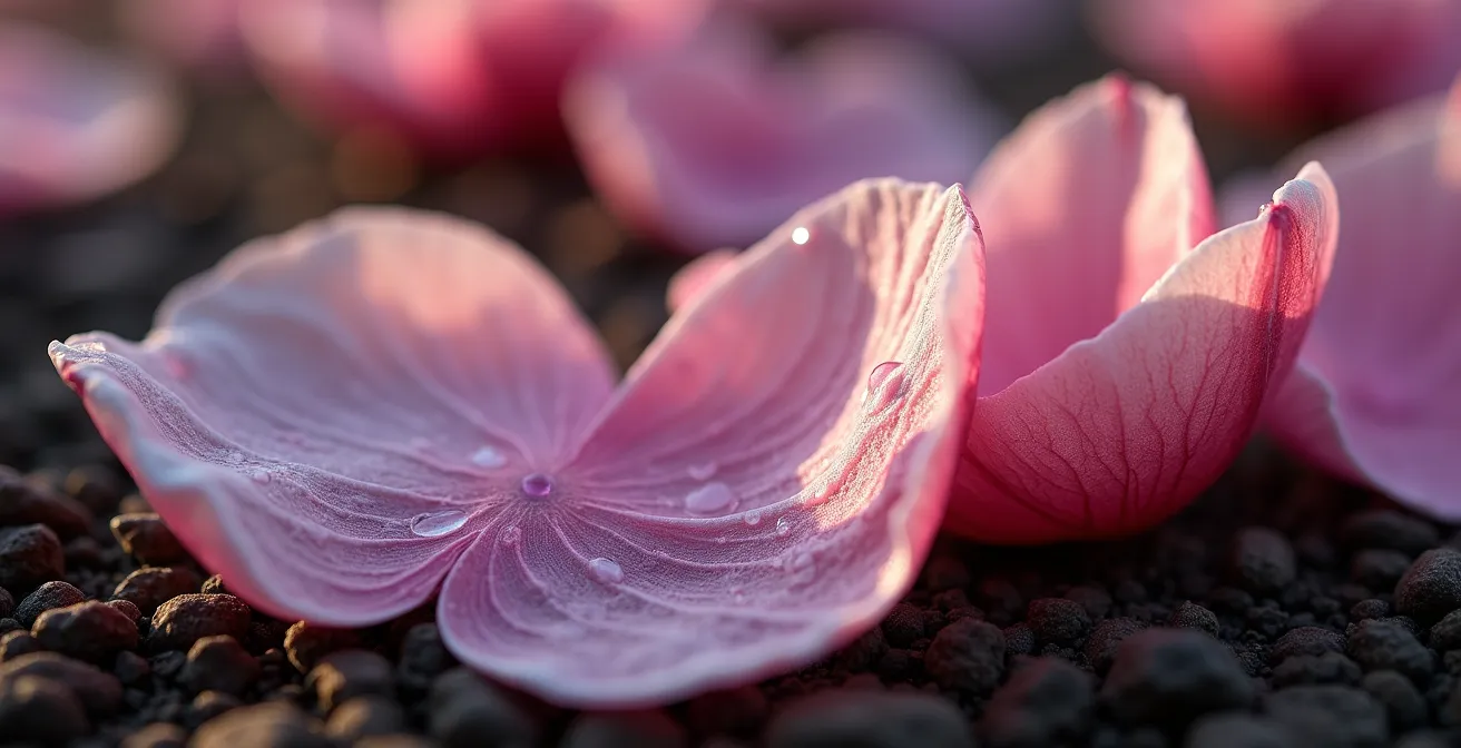 Extreme close-up of fallen cherry blossom petals on ground showing delicate textures