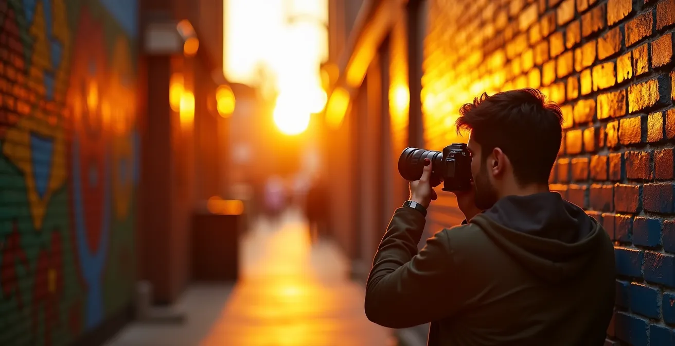 Warm golden sunlight illuminating colorful street art on brick walls in a Toronto laneway