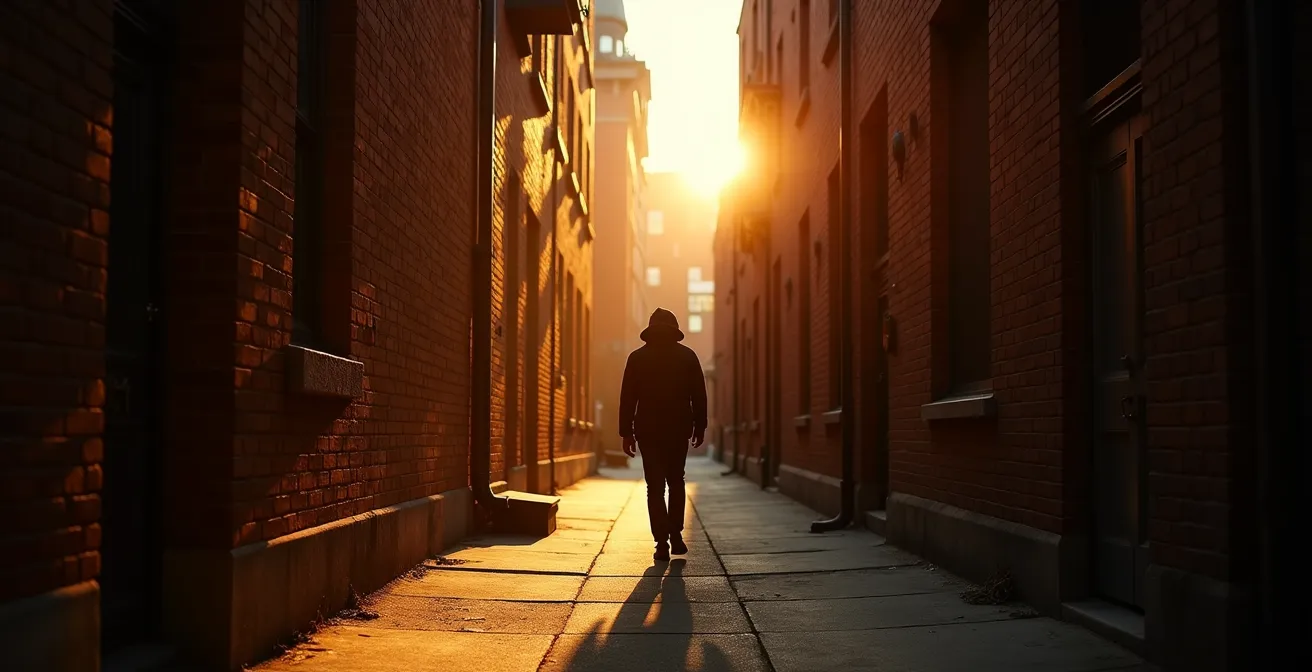 Atmospheric Toronto laneway bathed in golden hour light with Victorian architecture