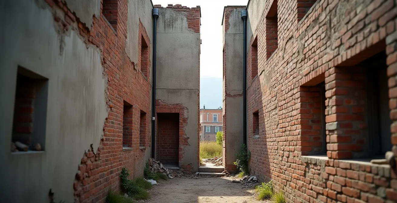 Low angle view emphasizing the sheared wall of Toronto Half House