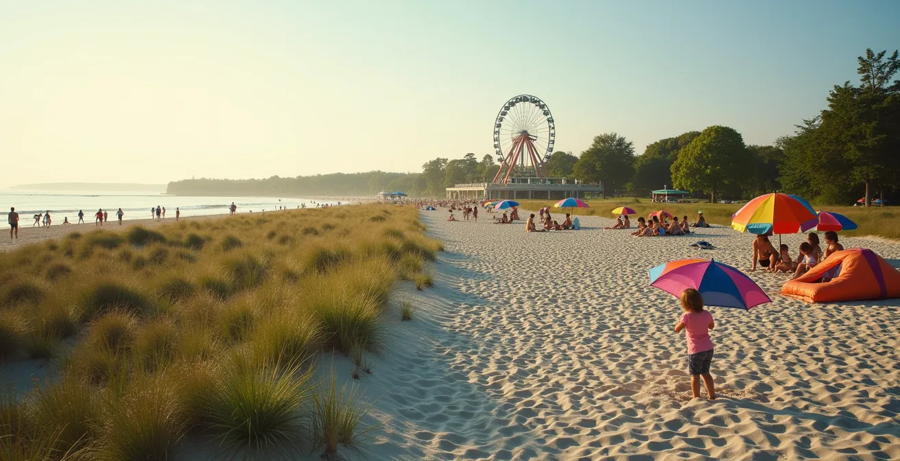Aerial view showing contrast between secluded Hanlan's Point dunes and bustling Centre Island with amusement park visible