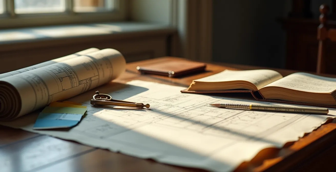 Professional workspace showing heritage renovation planning materials and architectural drawings for Toronto Victorian home