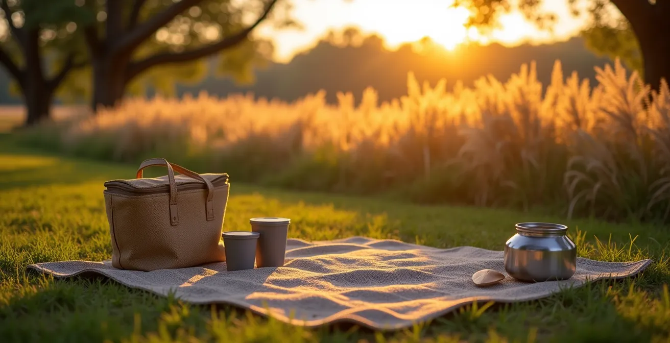 A serene picnic scene in High Park's designated area with the Black Oak Savannah visible in the background, showing responsible park use