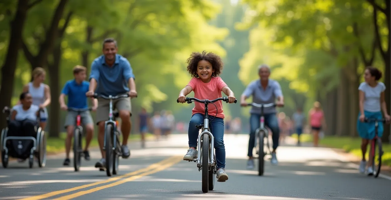Families cycling and walking freely on High Park's car-free weekend roads with lush trees forming a natural canopy overhead