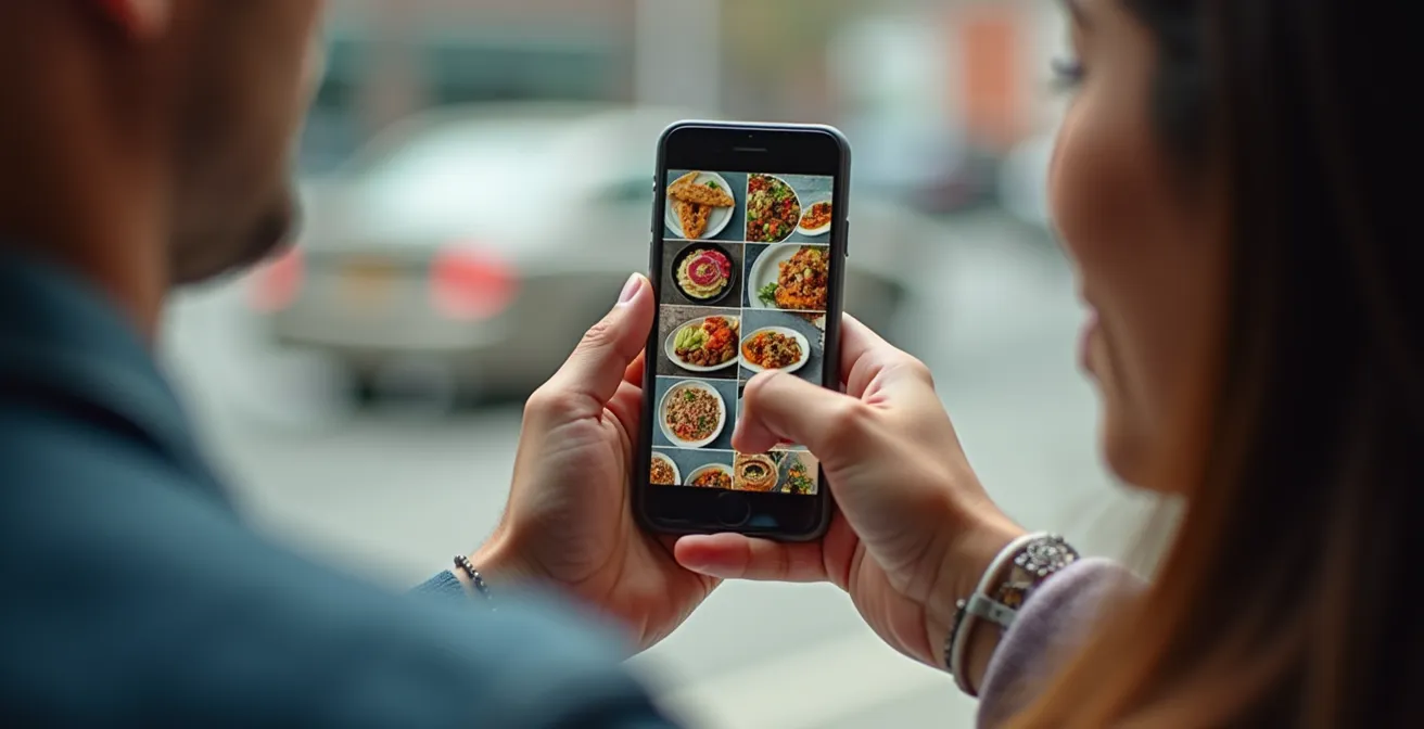 Hands holding smartphone showing colorful food images in social media app grid layout