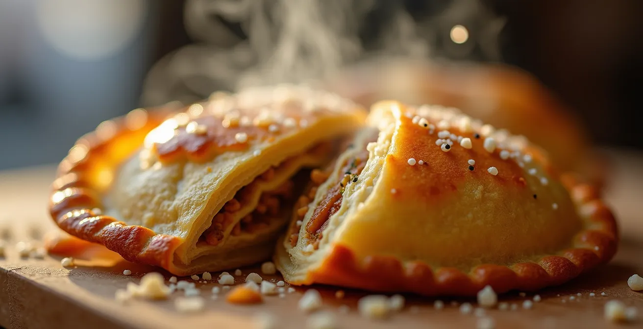 Extreme close-up of golden empanada crust texture with steam rising, showing the flaky layers and crispy edges