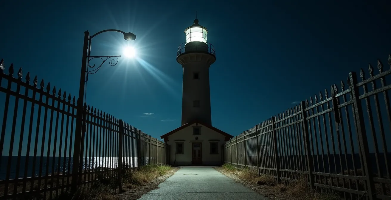 Security fence around Gibraltar Point Lighthouse at night with heritage protection signs