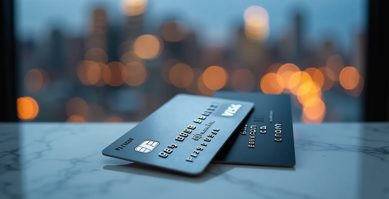 Premium credit card beside hotel room key with Toronto city view