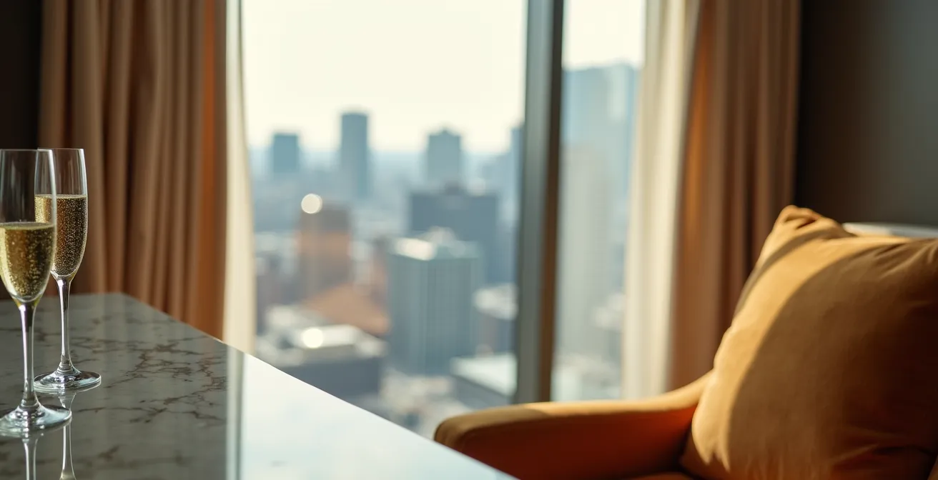 Elegant hotel suite interior with Toronto skyline view
