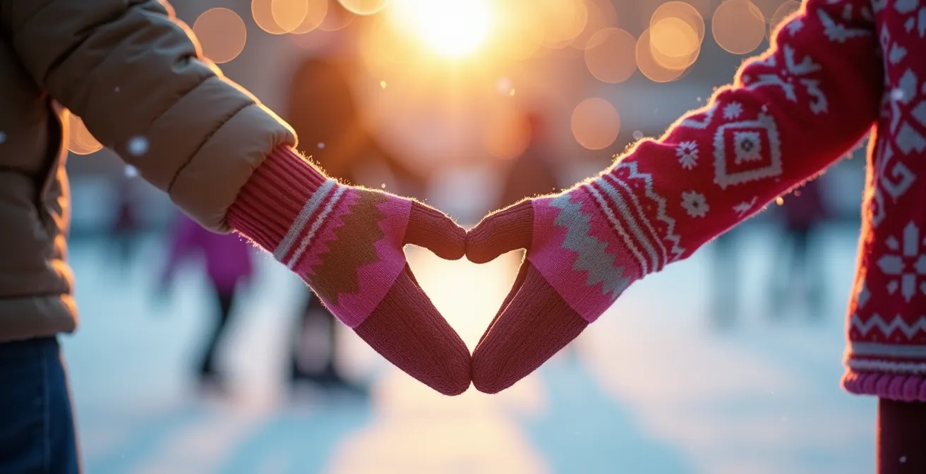 Families with children enjoying winter activities at an outdoor skating rink