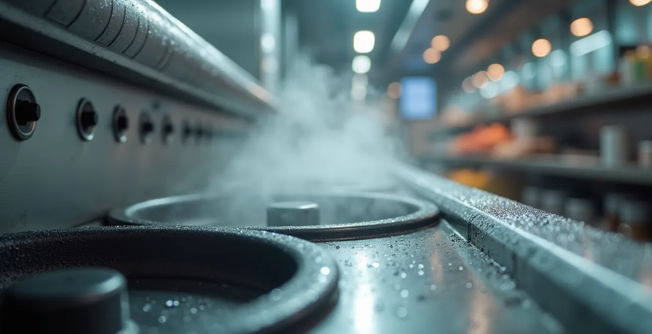Close-up macro shot of professional stainless steel food service equipment at outdoor market