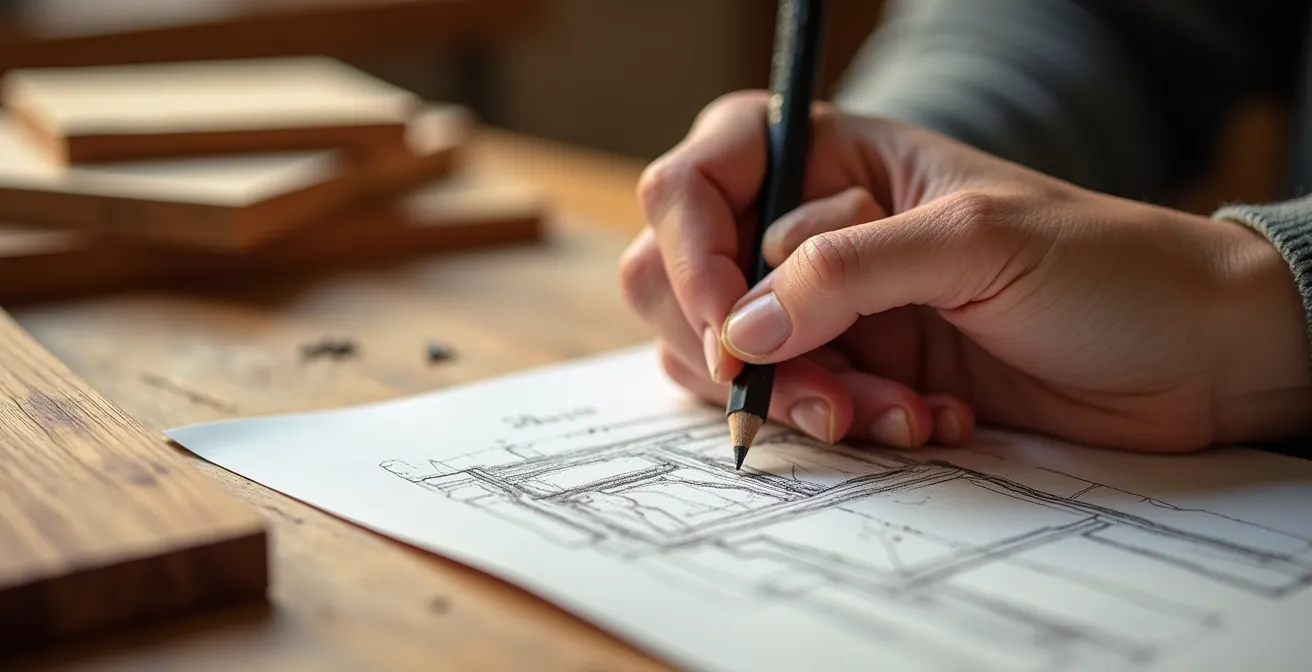 Close-up of hands sketching furniture design with wood samples on table