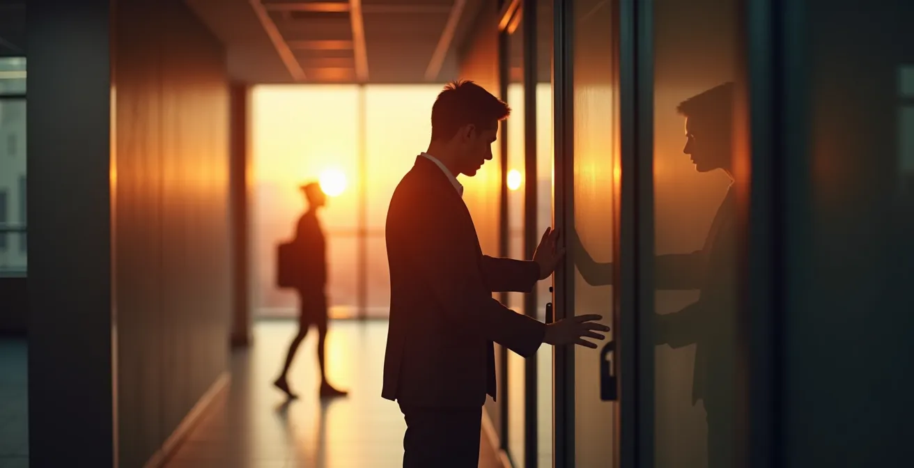 Empty office building corridor at dusk with long shadows and closed glass doors