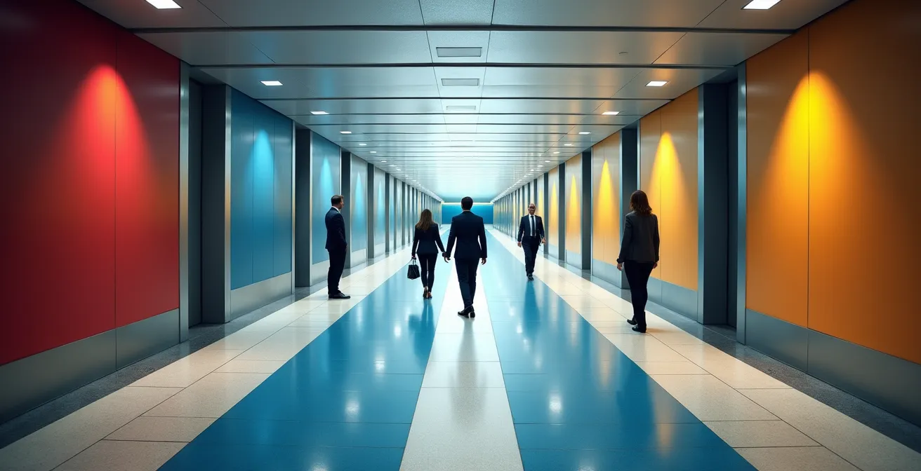 Color-coded directional signs in PATH underground walkway showing cardinal directions