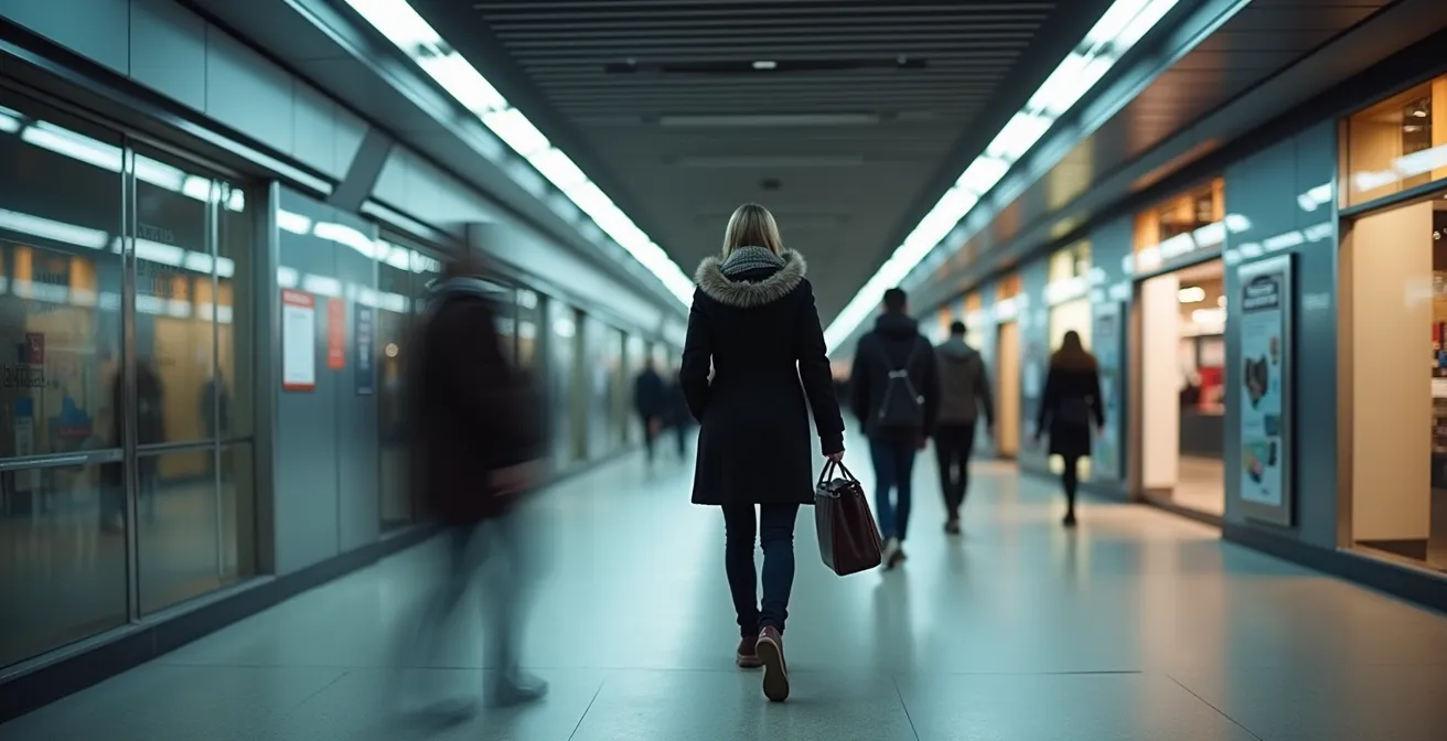 Underground PATH walkway in Toronto with directional architecture and pedestrians