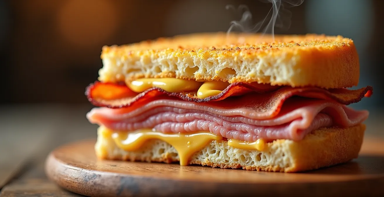 Extreme close-up of a peameal bacon sandwich showing layers of meat, cornmeal crust, and mustard