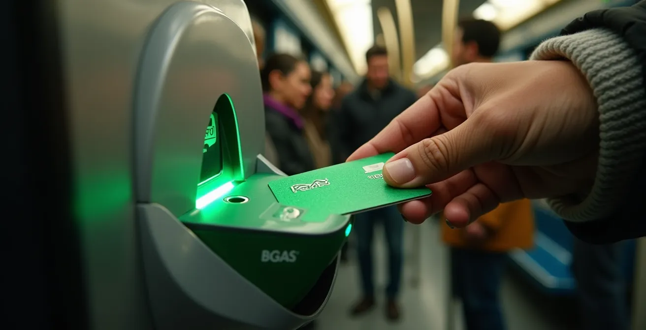 Close-up of Presto card reader on TTC streetcar with commuter tapping