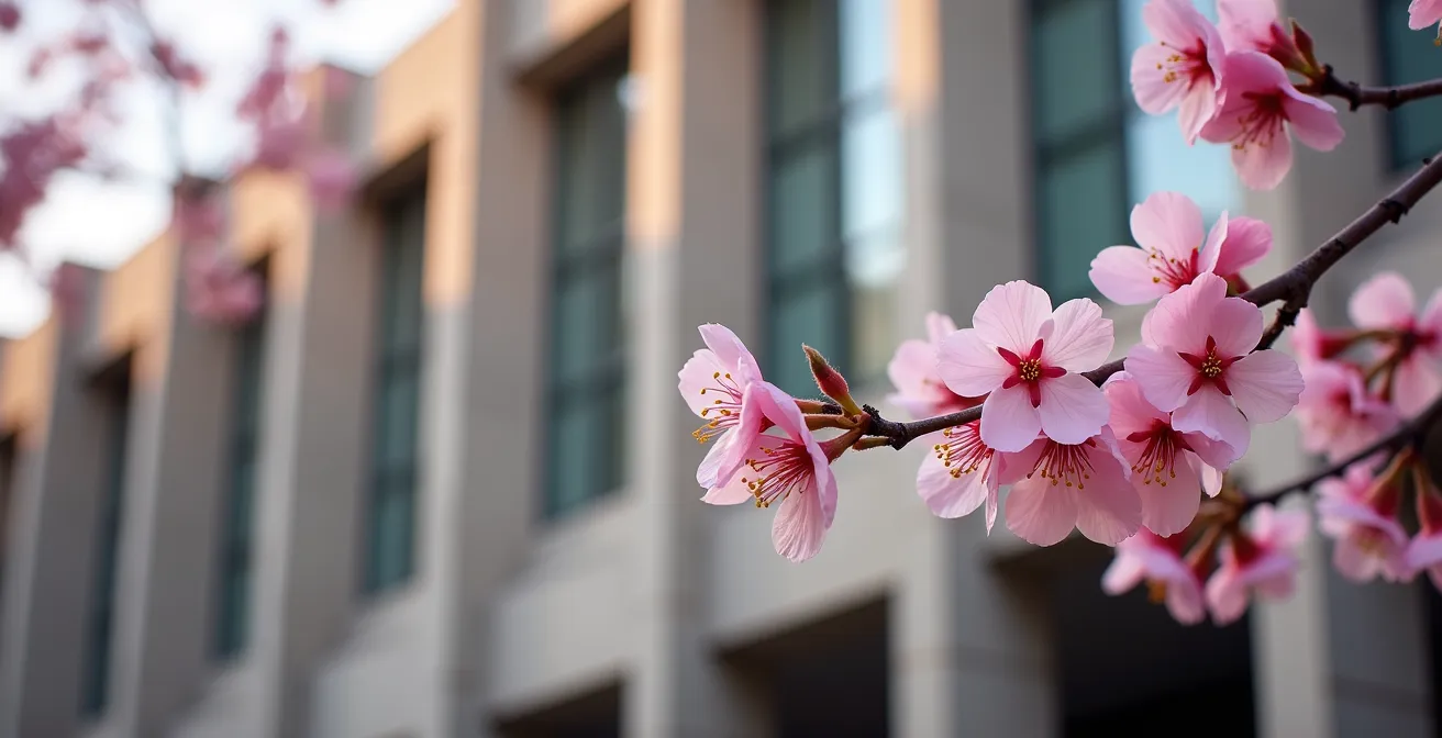 Delicate cherry blossoms against the concrete Brutalist architecture of Robarts Library