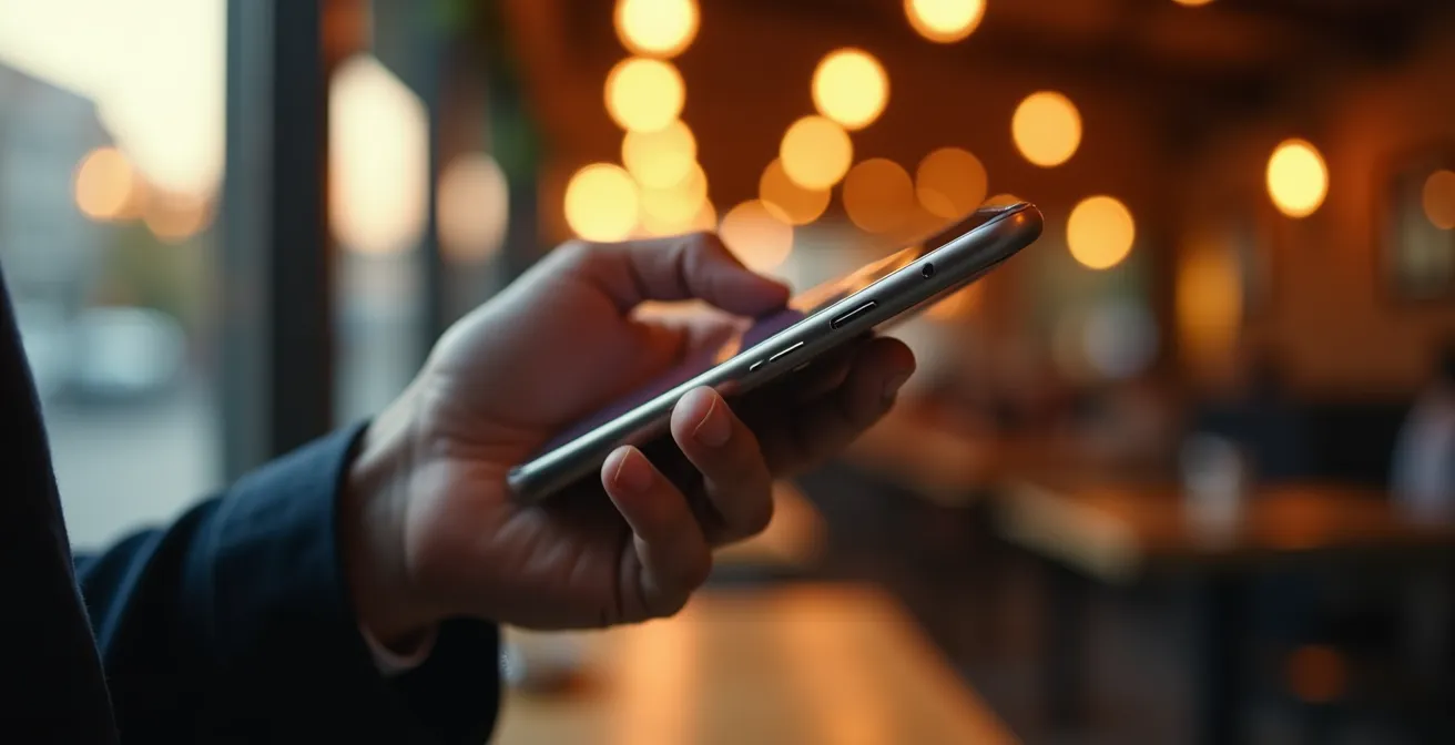 Hands holding a phone in soft evening light, suggesting reservation booking
