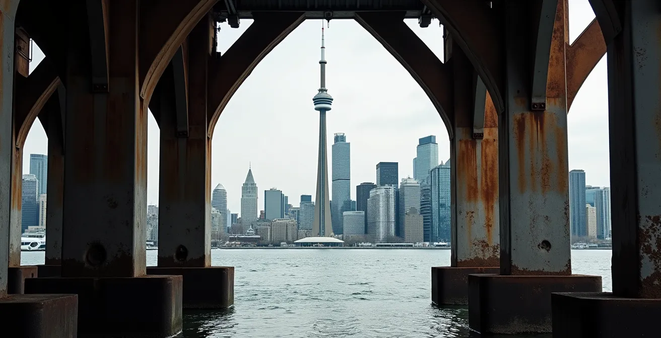 Telephoto lens view of compressed Toronto skyline from Polson Pier industrial setting