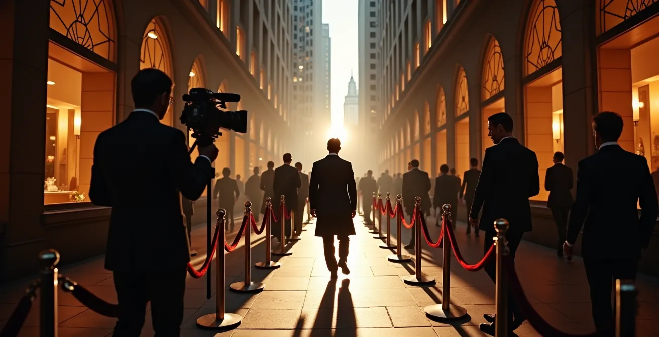 Film festival atmosphere on Yorkville street with photographers and elegant pedestrians