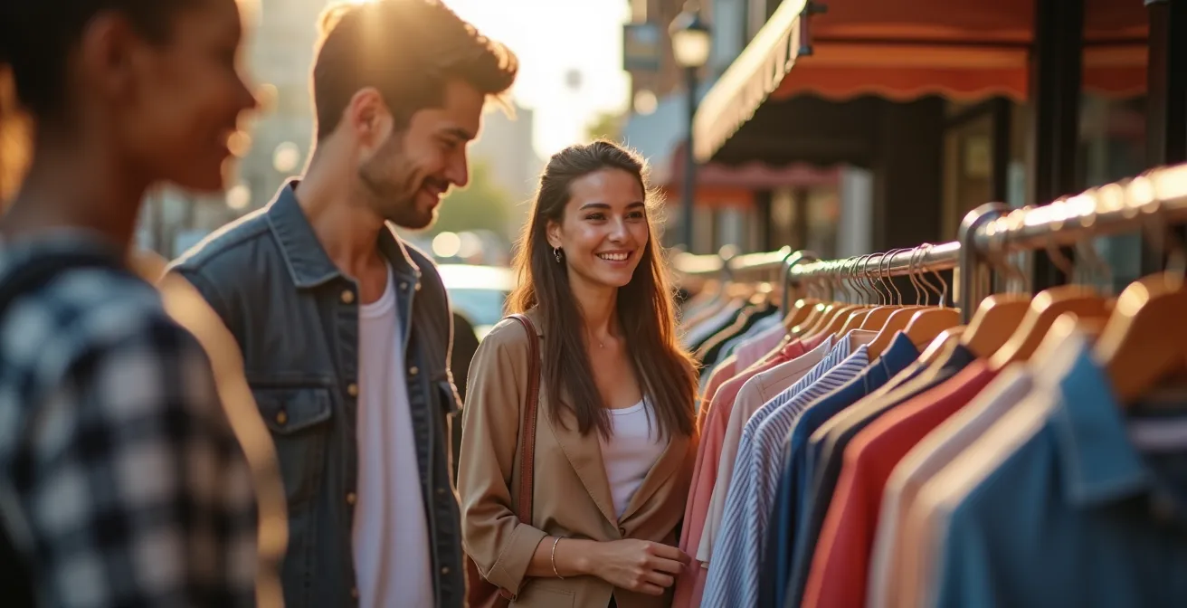 Diverse group of happy shoppers browsing clothing on outdoor racks during a sunny sidewalk sale in Toronto.