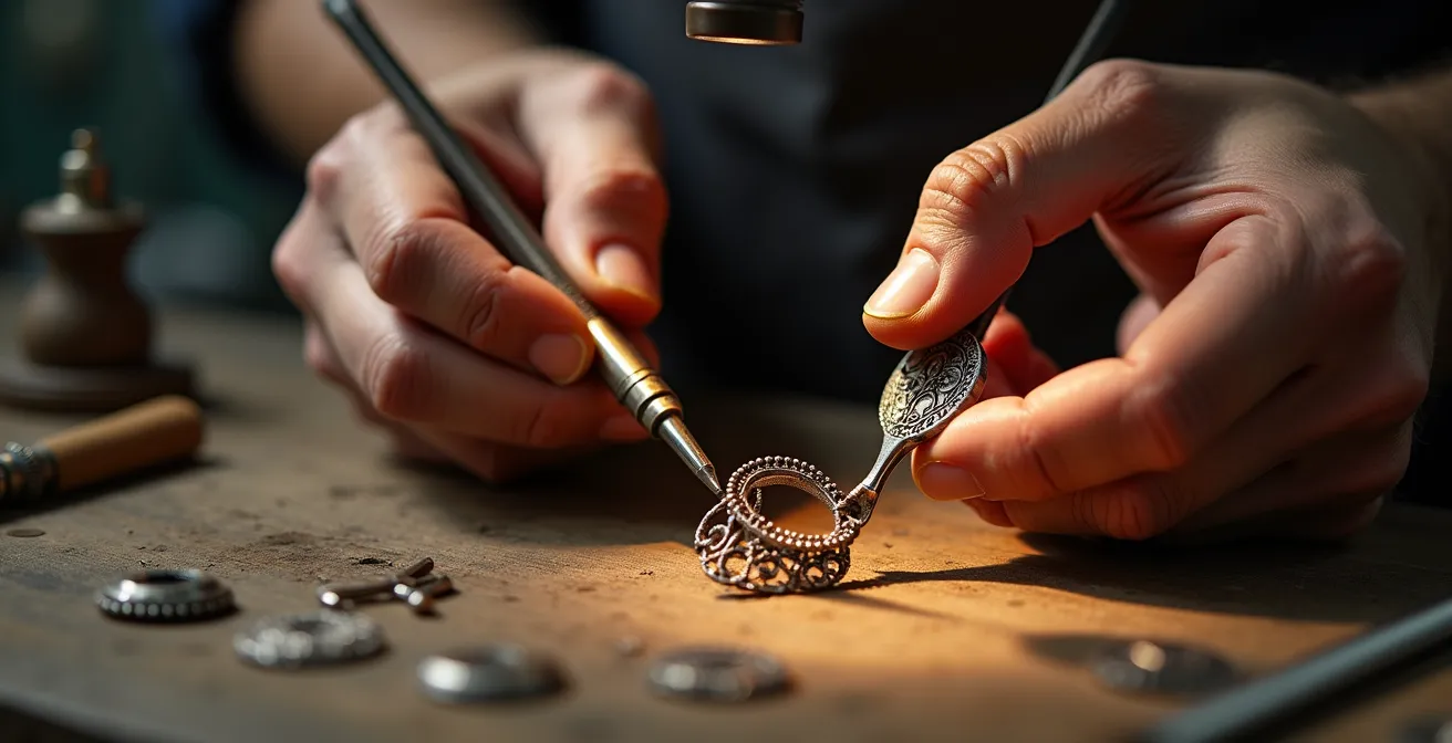 Jewelry artisan working on a custom piece in a Toronto workshop, with a focus on the detailed craftsmanship.