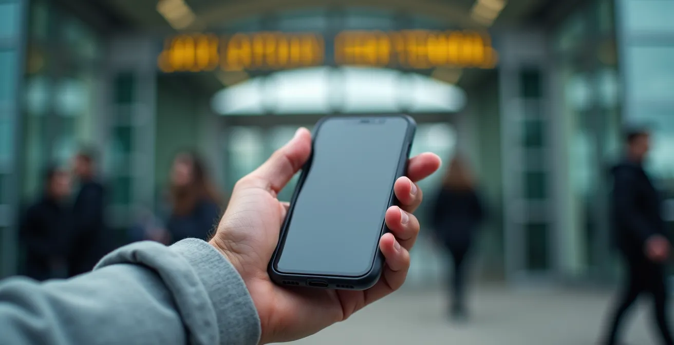 Hand holding smartphone showing ferry QR code with blurred ferry terminal background