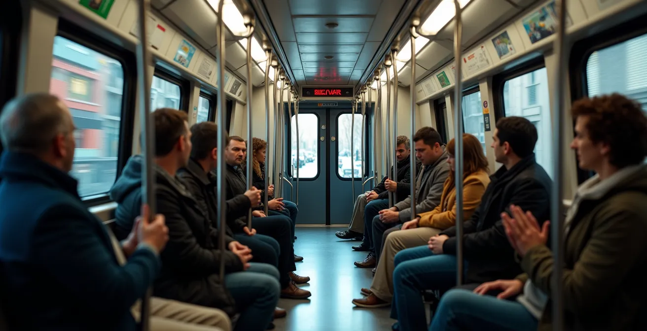 Interior view of modern TTC Flexity streetcar showing proper standing positions away from door sensors