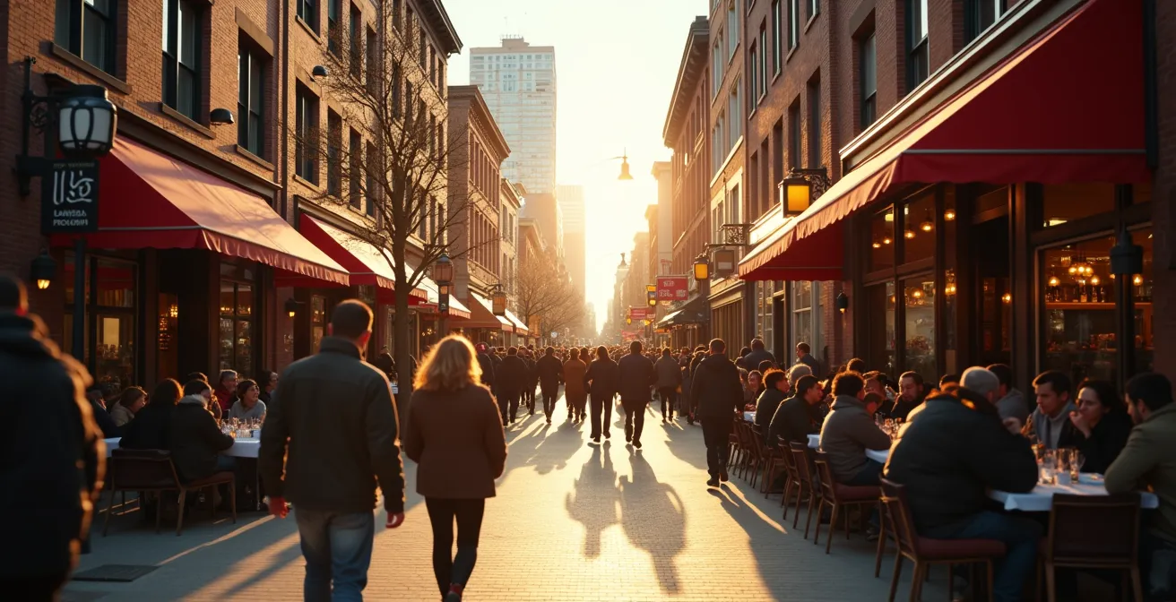 Wide shot of Queen Street West restaurant strip showing evolution from trendy to mainstream