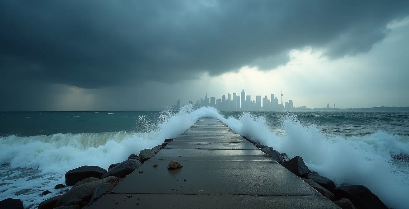 Dramatic stormy conditions over Lake Ontario with Toronto harbour in distance