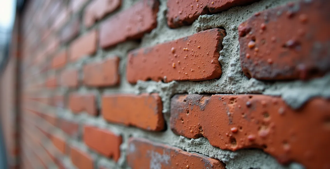 Macro detail of restored Toronto red brick with traditional lime mortar pointing