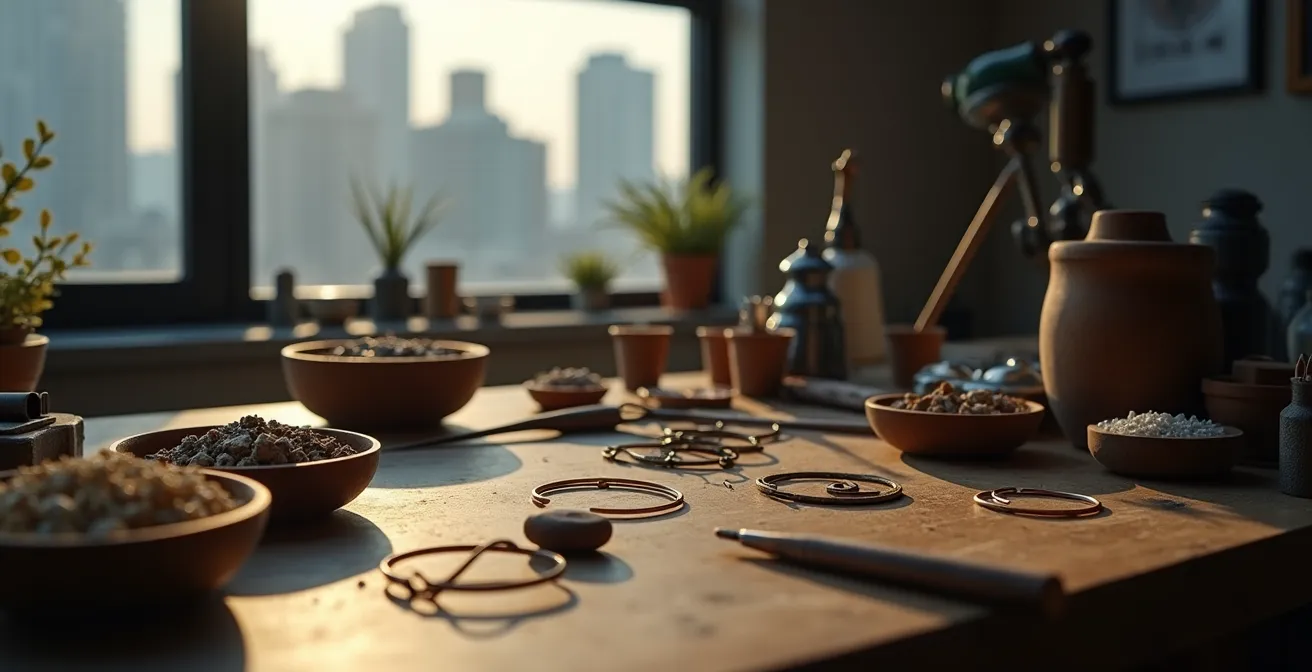 Wide angle view of jewelry workshop with tools and materials arranged on workbench