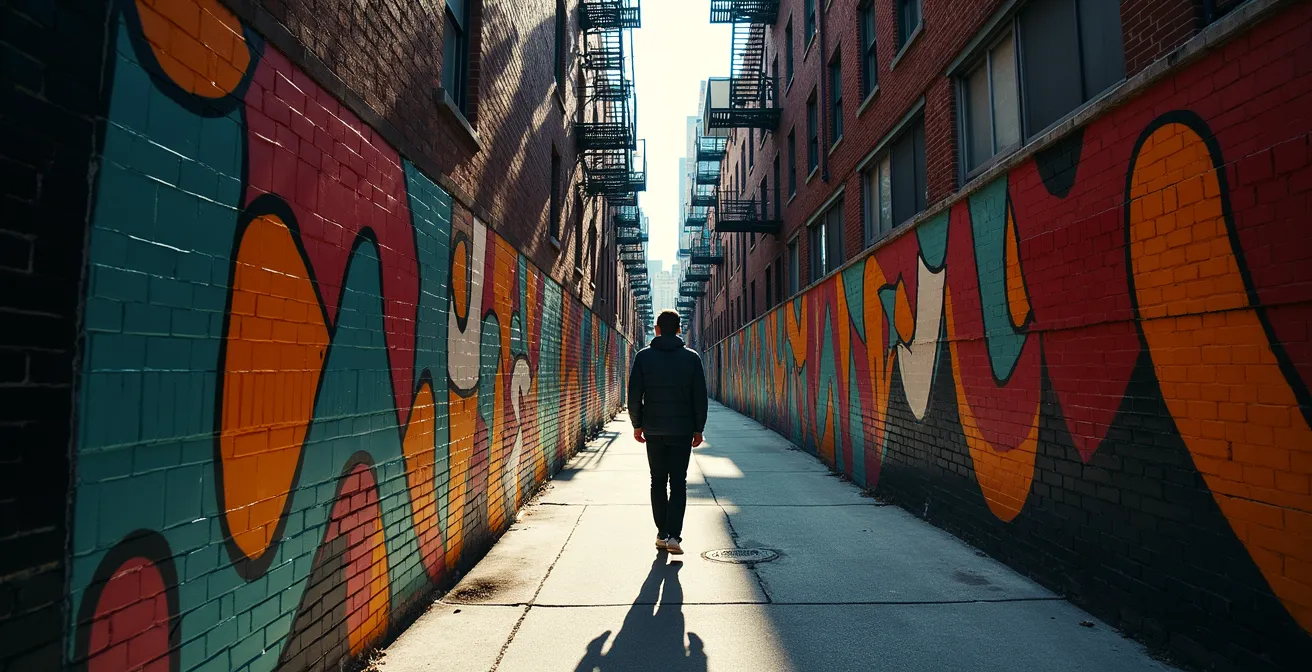 Hidden laneway with colorful murals serving as alternative pedestrian route