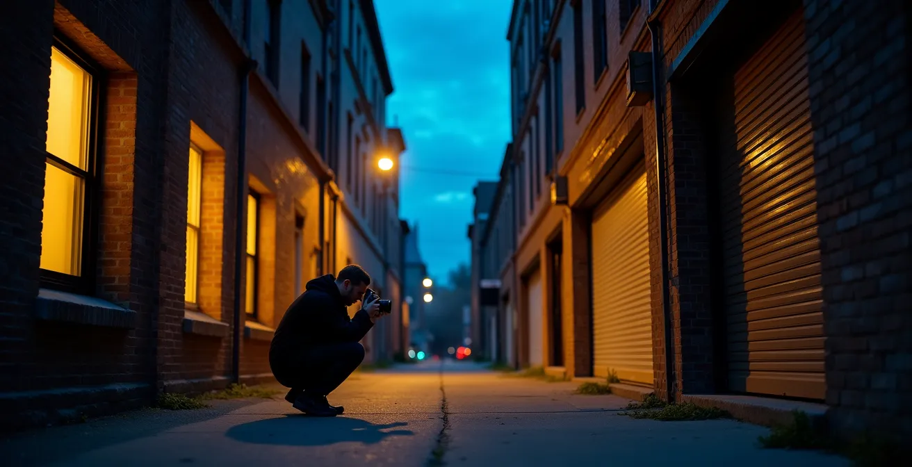 Photographer capturing Toronto laneway during blue hour with warm window lights