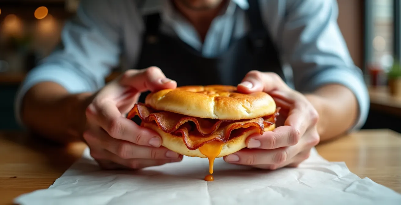 Person demonstrating the Toronto Lean posture while eating a peameal bacon sandwich