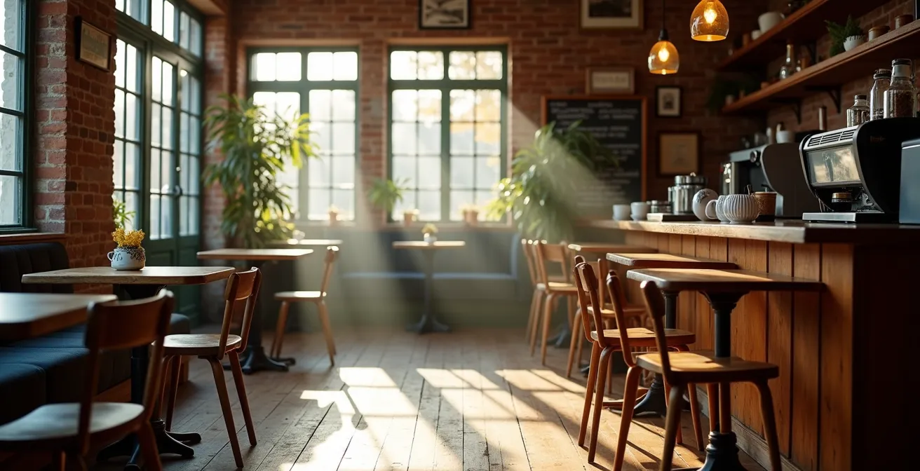 The quiet, empty interior of a small Toronto café in the early morning, with light streaming through the windows onto wooden tables.