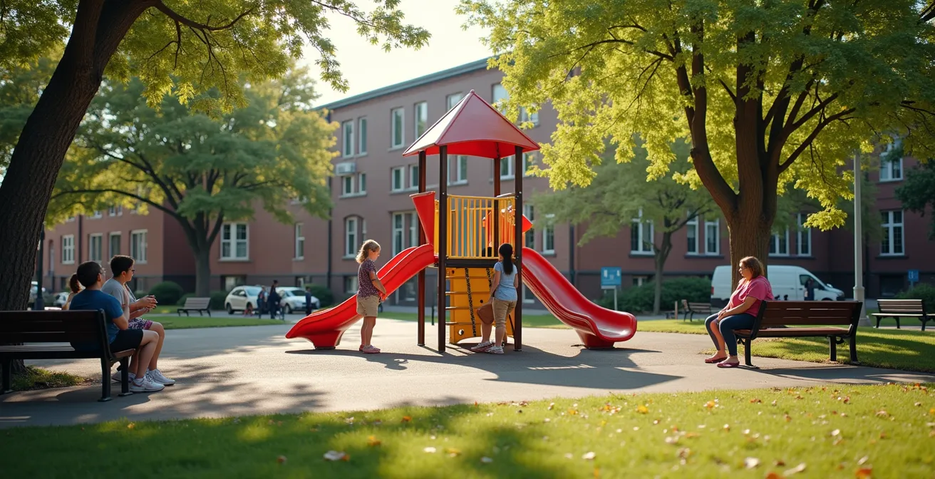 Children playing in West End Toronto school playground with parents watching from benches under maple trees