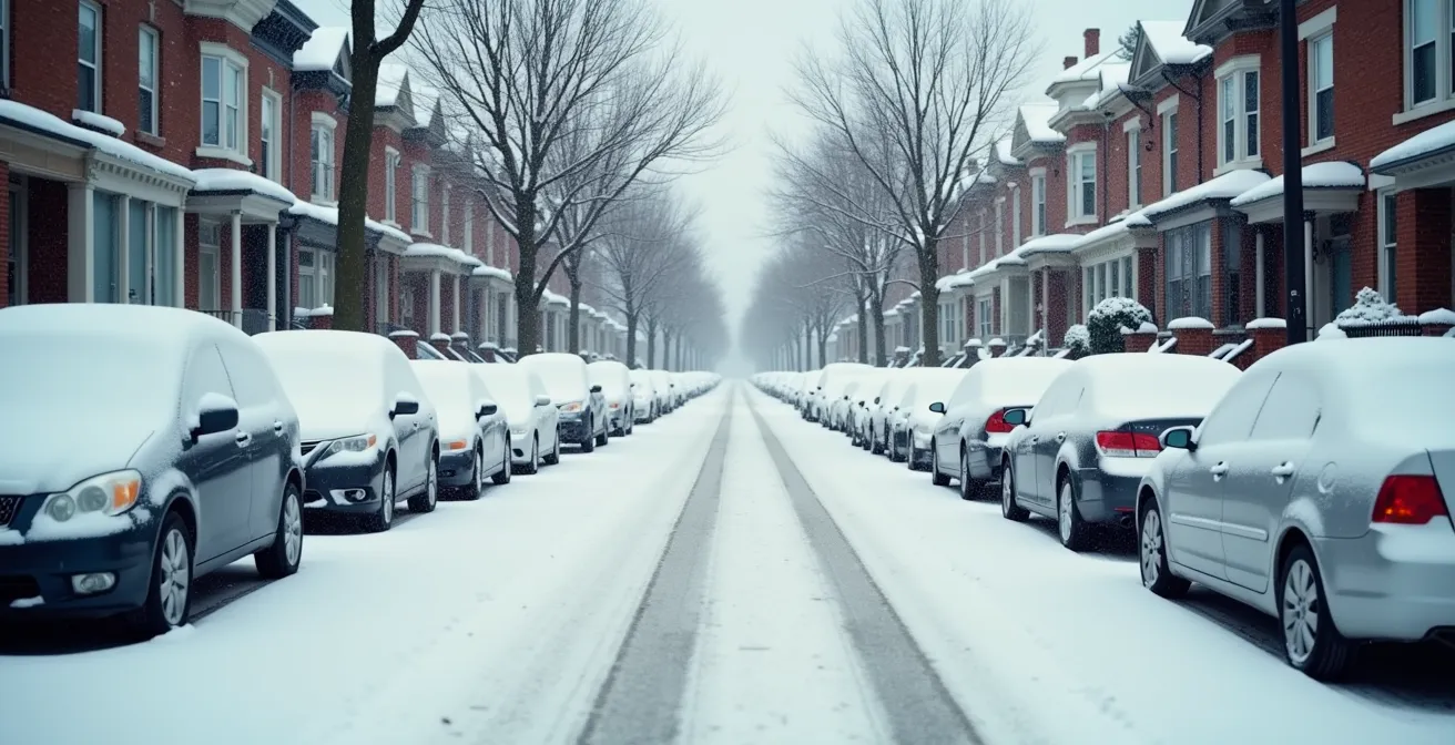Snow-covered residential street in Toronto West End with cars parked along Victorian homes during winter