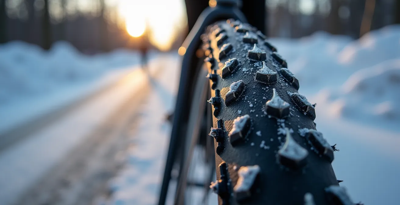Extreme close-up of studded winter bicycle tire with ice crystals and Toronto winter street background