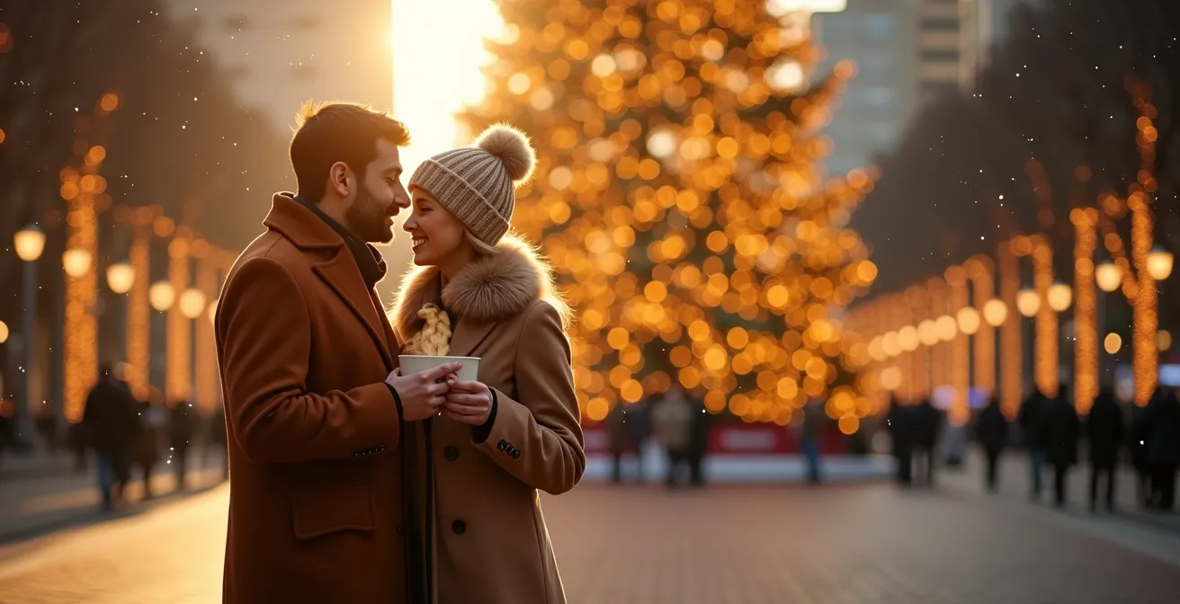 Majestic holiday tree at sunrise with snow falling in Toronto